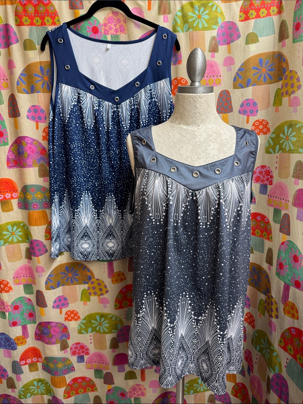 Sleeveless Blue Print Tank with Grommet Trim Bundle. XL